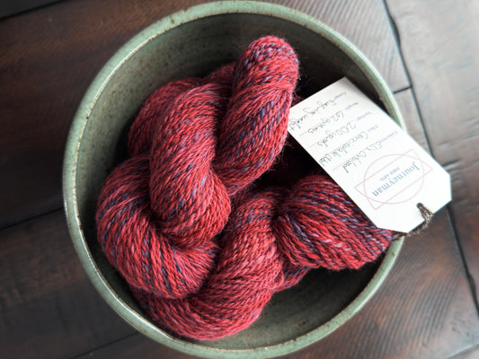 Red handspun yarn: 2-ply Corriedale wool, “Eli’s Oxblood”