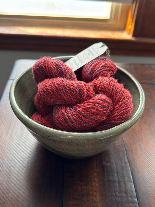 Red handspun yarn: 2-ply Corriedale wool, “Eli’s Oxblood”