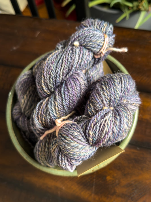 Handspun Yarn: 2-ply Corriedale wool, “Concord Grape”