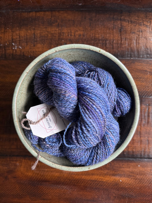 Handspun yarn: 2-ply Corriedale wool, “Huckleberry”