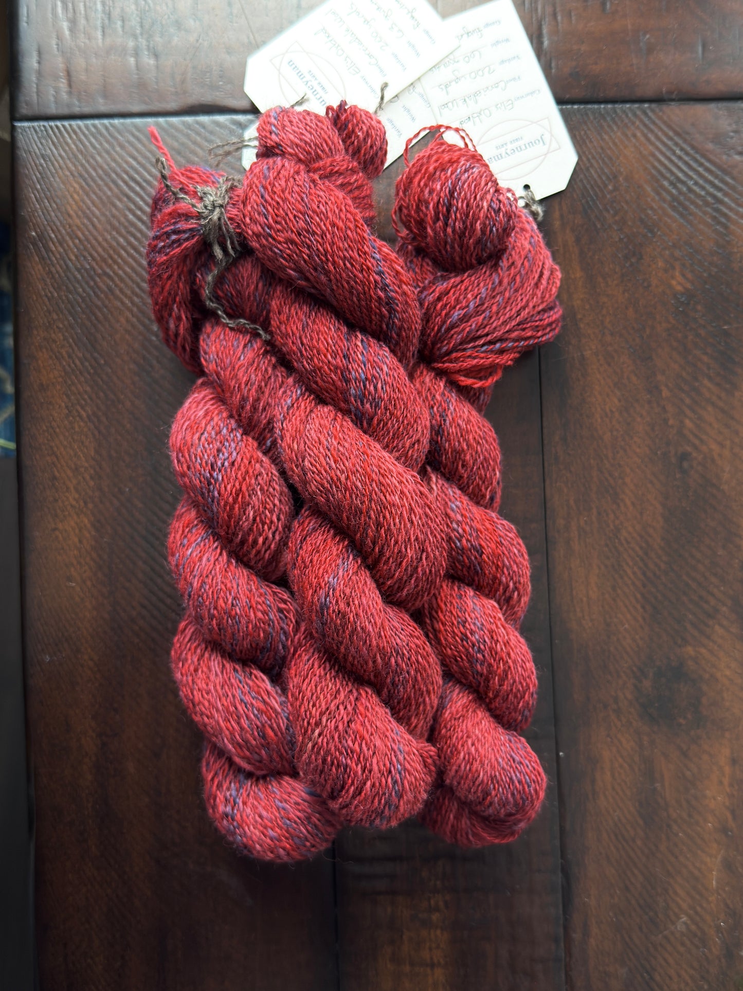 Red handspun yarn: 2-ply Corriedale wool, “Eli’s Oxblood”