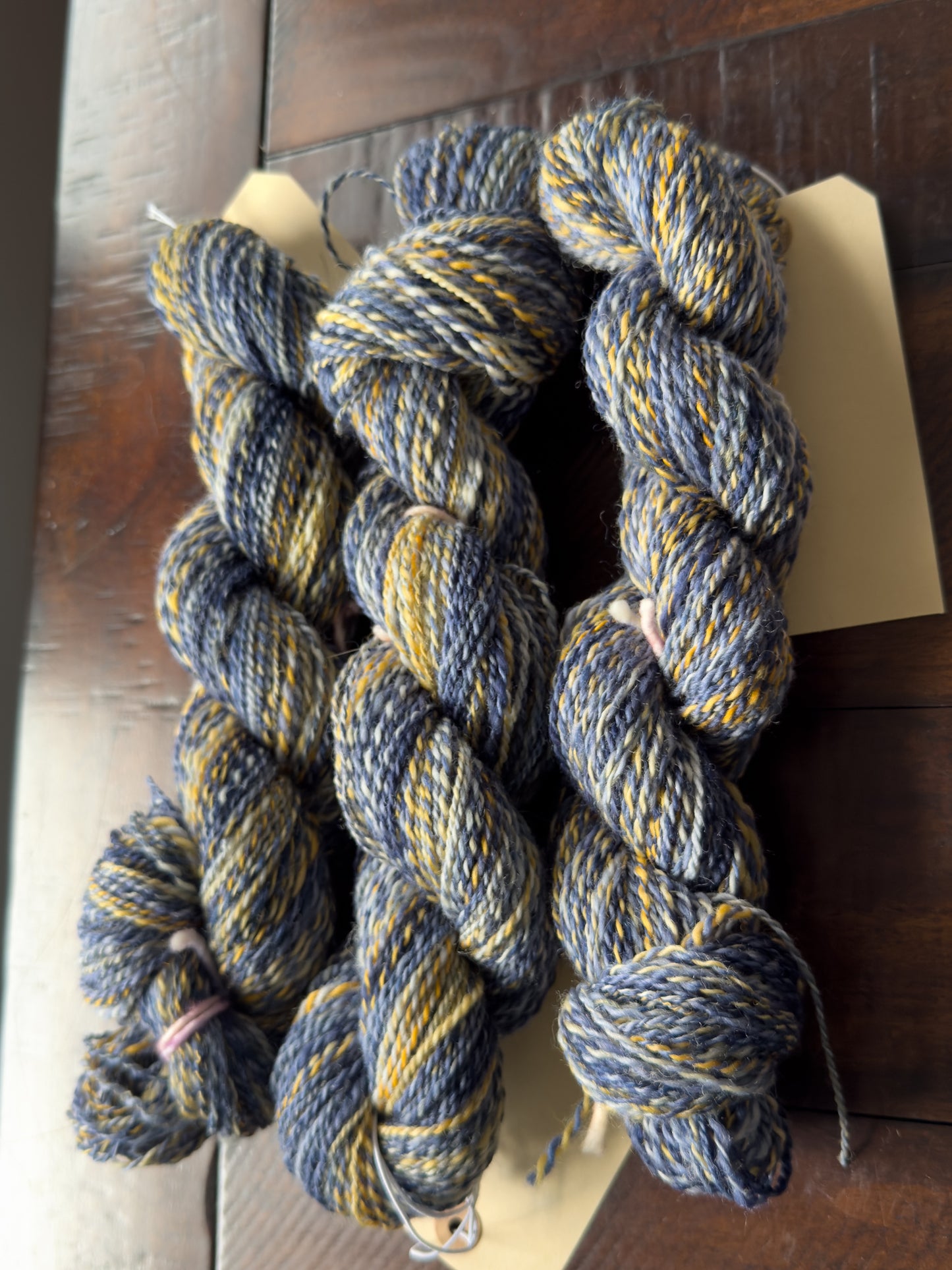 Handspun Yarn: 2-ply Corriedale wool, “Starry Night”