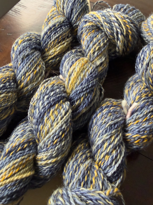 Handspun Yarn: 2-ply Corriedale wool, “Starry Night”